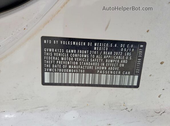 3VWC57BUXKM045760 2019 VOLKSWAGEN JETTA White VIN კოდის სტიკერის ხედი