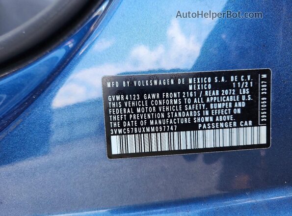 3VWC57BUXMM097747 2021 VOLKSWAGEN JETTA Blue Vista de la etiqueta del VIN