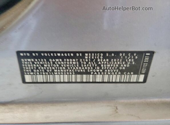 3VWCB7BU1LM002063 2020 VOLKSWAGEN JETTA Серый Вид наклейки с VIN-кодом
