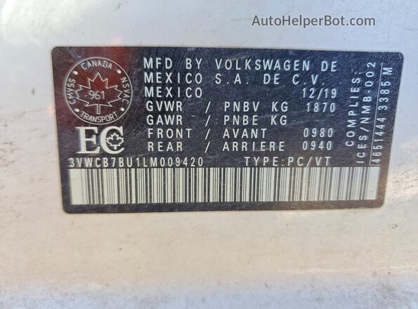 3VWCB7BU1LM009420 2020 VOLKSWAGEN JETTA Белый Вид наклейки с VIN-кодом