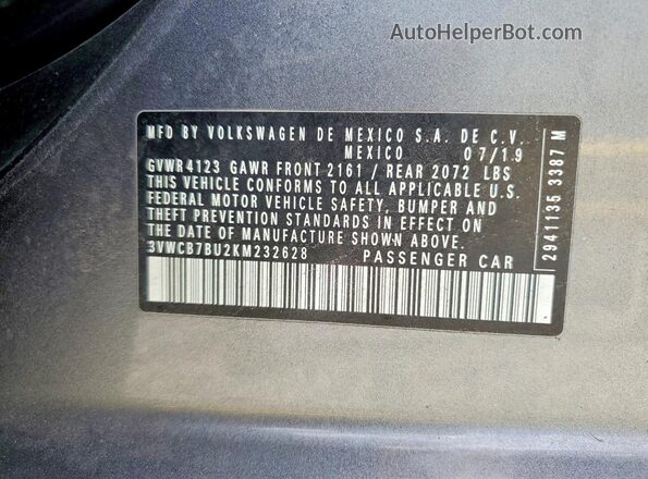 3VWCB7BU2KM232628 2019 VOLKSWAGEN JETTA Серый Вид наклейки с VIN-кодом