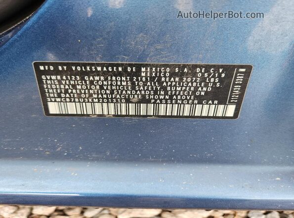 3VWCB7BU3KM201310 2019 VOLKSWAGEN JETTA Blue Widok komory silnika