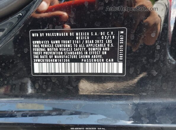 3VWCB7BU4KM161206 2019 VOLKSWAGEN JETTA Черный Вид подкапотного пространства