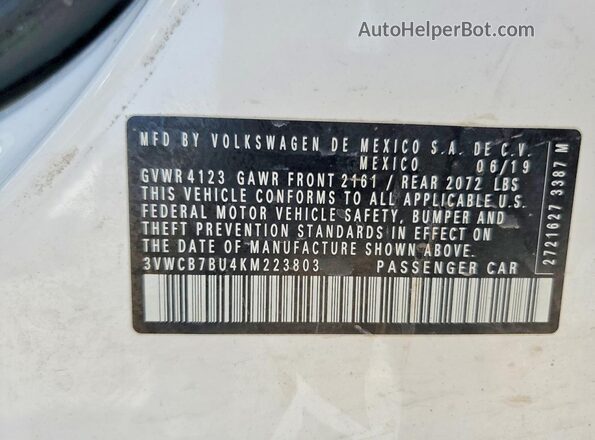 3VWCB7BU4KM223803 2019 VOLKSWAGEN JETTA White ძრავის განყოფილების ხედი