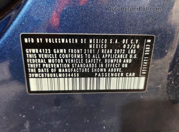 3VWCB7BU8LM034458 2020 VOLKSWAGEN JETTA Blue Вид підкапотного простору
