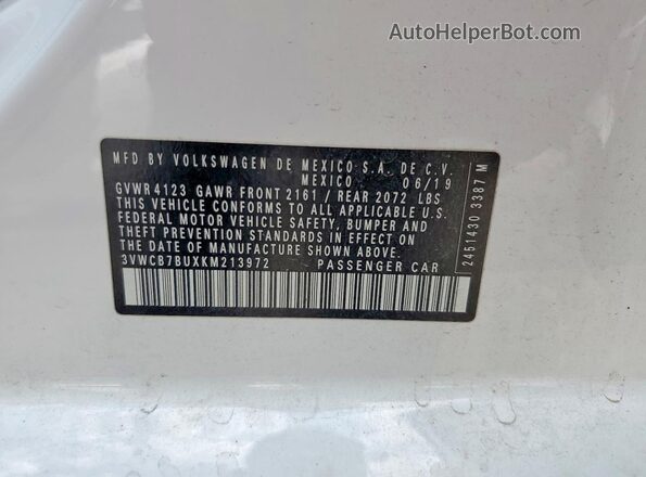 3VWCB7BUXKM213972 2019 VOLKSWAGEN JETTA White ძრავის განყოფილების ხედი
