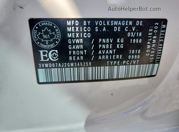 3VWD07AJ2GM345259 2016 VOLKSWAGEN JETTA Белый Вид подкапотного пространства