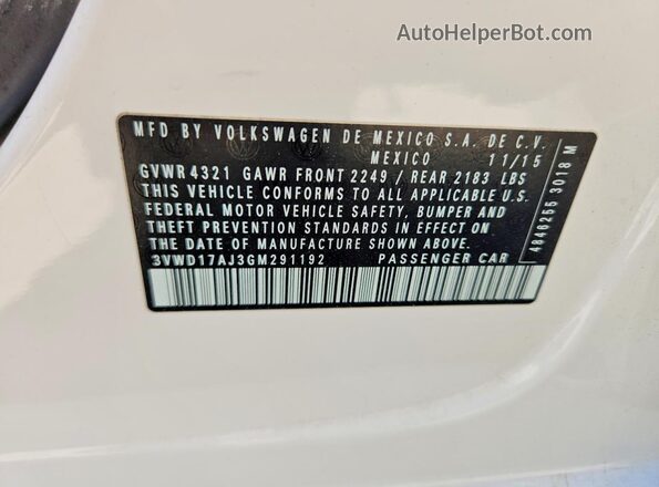 3VWD17AJ3GM291192 2016 VOLKSWAGEN JETTA White Vista de la etiqueta del VIN