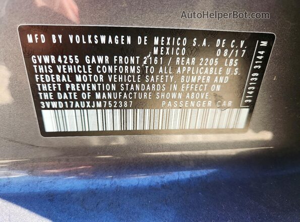 3VWD17AUXJM752387 2018 VOLKSWAGEN GOLF Серый Вид наклейки с VIN-кодом