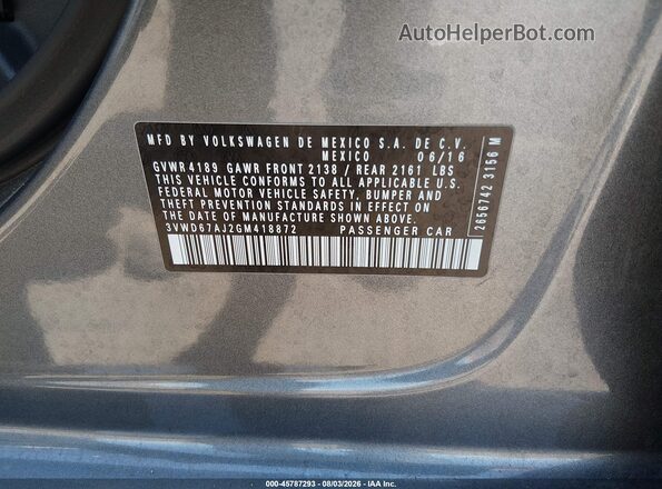 3VWD67AJ2GM418872 2016 VOLKSWAGEN JETTA Gray Widok komory silnika