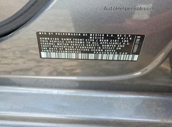 3VWD67AJ3GM360089 2016 VOLKSWAGEN JETTA Gray Vista del compartimento del motor