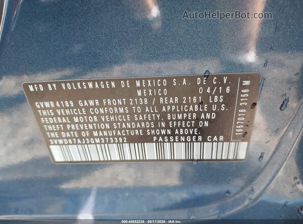 3VWD67AJ3GM373392 2016 VOLKSWAGEN JETTA Синий Вид подкапотного пространства