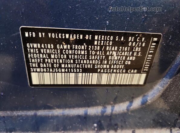 3VWD67AJ5GM415593 2016 VOLKSWAGEN JETTA Blue Widok komory silnika