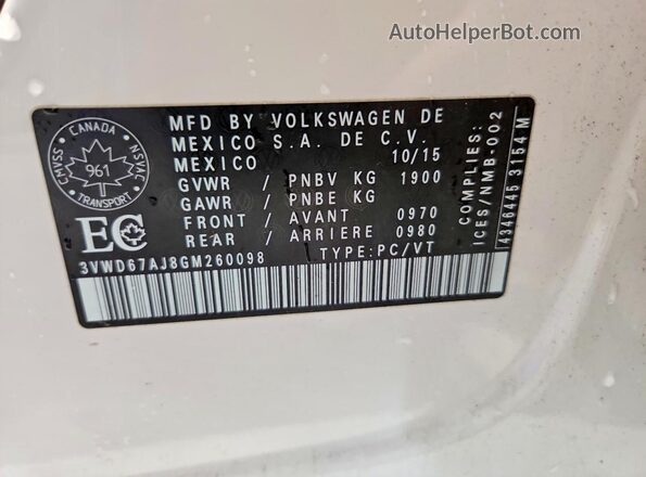 3VWD67AJ8GM260098 2016 VOLKSWAGEN JETTA White Շարժիչի բաժամունքի տեսք