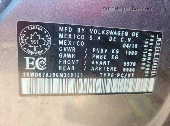3VWD67AJ9GM369136 2016 VOLKSWAGEN JETTA Gray Vista de la etiqueta del VIN