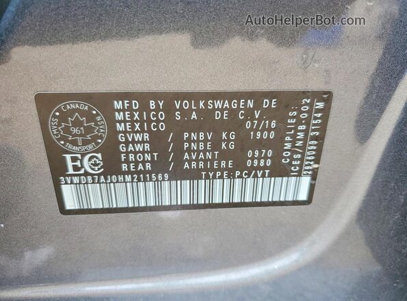 3VWDB7AJ0HM211569 2017 VOLKSWAGEN JETTA Gray VIN კოდის სტიკერის ხედი
