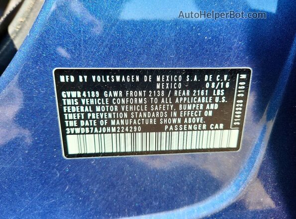 3VWDB7AJ0HM224290 2017 VOLKSWAGEN JETTA Blue ძრავის განყოფილების ხედი