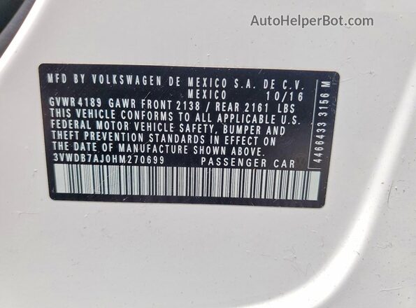 3VWDB7AJ0HM270699 2017 VOLKSWAGEN JETTA Белый Вид подкапотного пространства