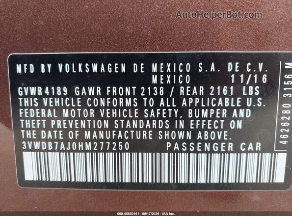 3VWDB7AJ0HM277250 2017 VOLKSWAGEN JETTA Brown Вид підкапотного простору