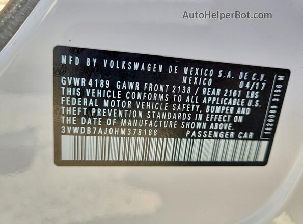 3VWDB7AJ0HM378188 2017 VOLKSWAGEN JETTA White Widok komory silnika