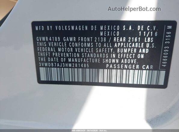 3VWDB7AJ3HM281485 2017 VOLKSWAGEN JETTA White ძრავის განყოფილების ხედი