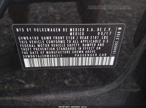 3VWDB7AJ3HM384311 2017 VOLKSWAGEN JETTA Black Widok komory silnika
