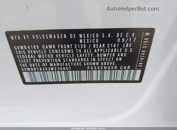 3VWDB7AJ3JM230607 2018 VOLKSWAGEN JETTA White Շարժիչի բաժամունքի տեսք