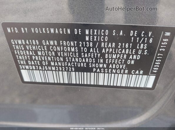 3VWDB7AJ5HM292729 2017 VOLKSWAGEN JETTA Серый Вид подкапотного пространства
