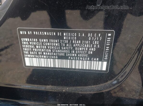 3VWDB7AJ5HM312459 2017 VOLKSWAGEN JETTA Black Widok komory silnika