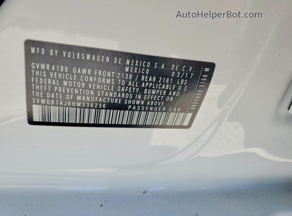 3VWDB7AJ6HM336236 2017 VOLKSWAGEN JETTA White ძრავის განყოფილების ხედი