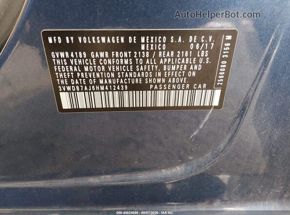 3VWDB7AJ6HM412439 2017 VOLKSWAGEN JETTA Blue Вид підкапотного простору
