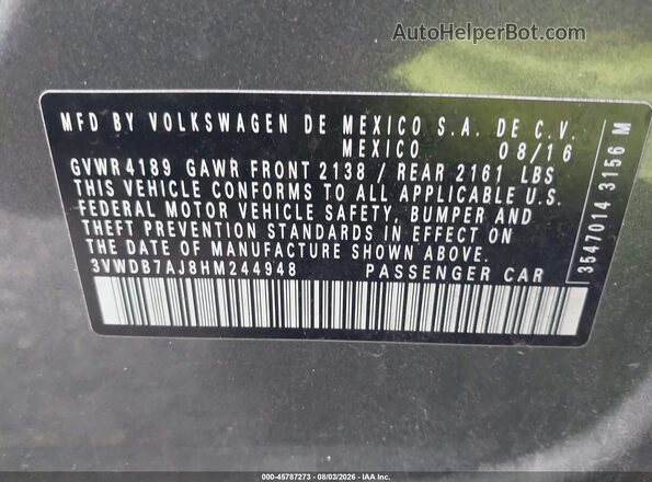 3VWDB7AJ8HM244948 2017 VOLKSWAGEN JETTA Gray Widok komory silnika