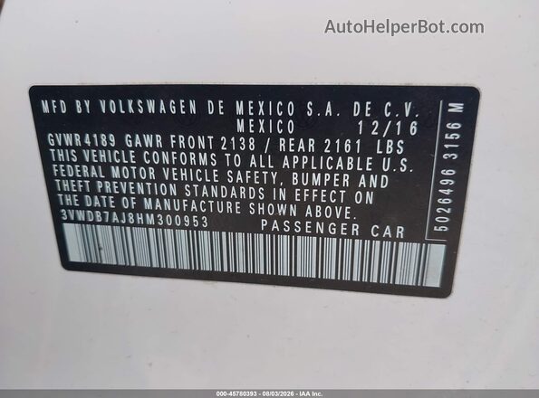 3VWDB7AJ8HM300953 2017 VOLKSWAGEN JETTA White Vista del compartimento del motor