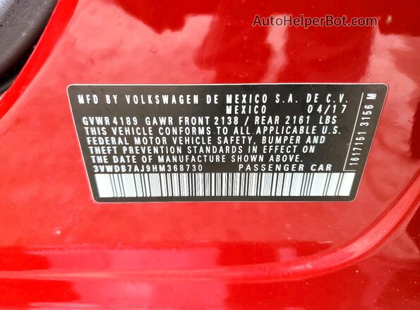 3VWDB7AJ9HM368730 2017 VOLKSWAGEN JETTA Red Vista de la etiqueta del VIN