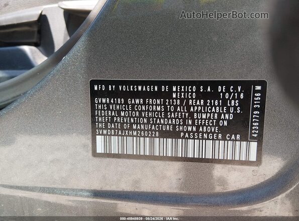 3VWDB7AJXHM260228 2017 VOLKSWAGEN JETTA Gray ძრავის განყოფილების ხედი