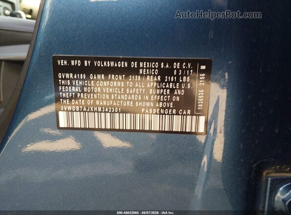 3VWDB7AJXHM342301 2017 VOLKSWAGEN JETTA Синий Вид подкапотного пространства