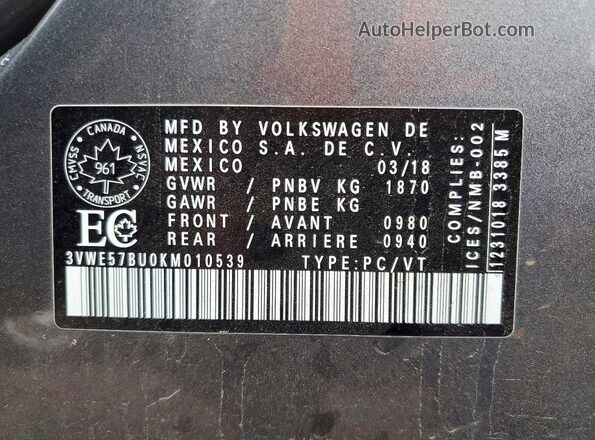 3VWE57BU0KM010539 2019 VOLKSWAGEN JETTA Серый Вид подкапотного пространства