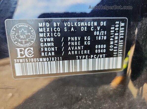 3VWE57BU5MM078211 2021 VOLKSWAGEN JETTA Black Vista de la etiqueta del VIN