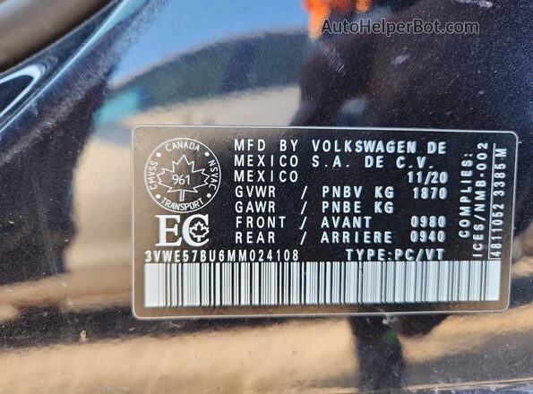 3VWE57BU6MM024108 2021 VOLKSWAGEN JETTA Black Vista de la etiqueta del VIN
