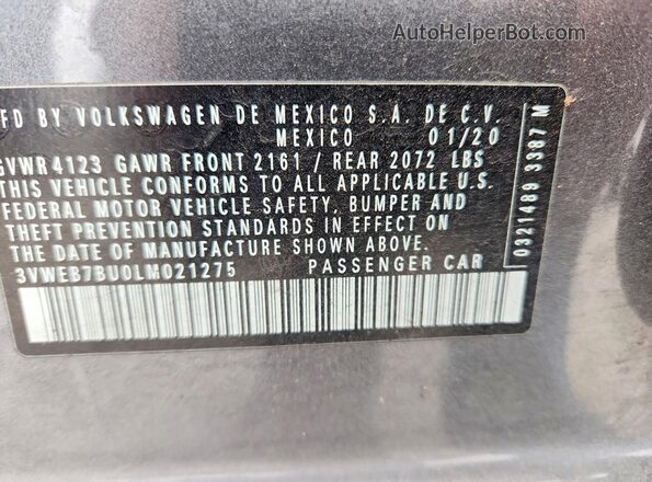 3VWEB7BU0LM021275 2020 VOLKSWAGEN JETTA Gray VIN კოდის სტიკერის ხედი