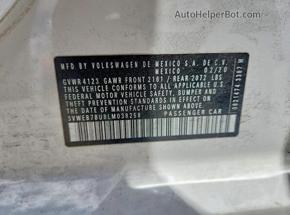3VWEB7BU8LM038258 2020 VOLKSWAGEN JETTA White Widok komory silnika