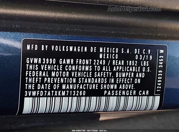 3VWFD7ATXKM713260 2019 VOLKSWAGEN BEETLE Blue Vista del compartimento del motor