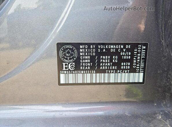 3VWG57AU2KM033136 2019 VOLKSWAGEN GOLF Gray Вид підкапотного простору