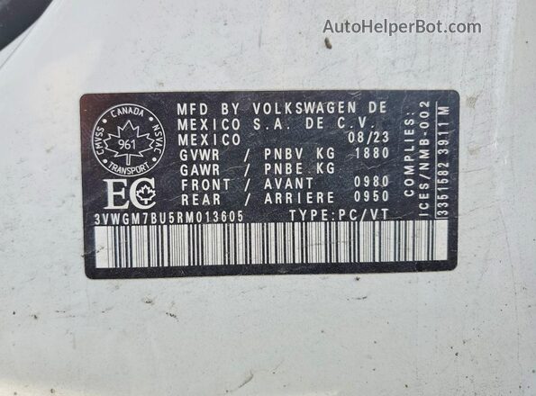 3VWGM7BU5RM013605 2024 VOLKSWAGEN JETTA White Вид наклейки з VIN-кодом