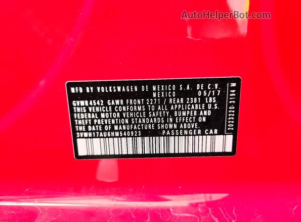 3VWH17AU6HM540923 2017 VOLKSWAGEN GOLF Red ძრავის განყოფილების ხედი