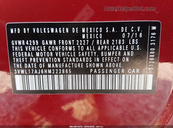 3VWL17AJ6HM222865 2017 VOLKSWAGEN JETTA Maroon Widok komory silnika