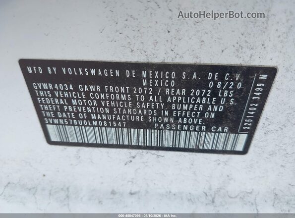 3VWN57BU0LM081547 2020 VOLKSWAGEN JETTA White Widok komory silnika