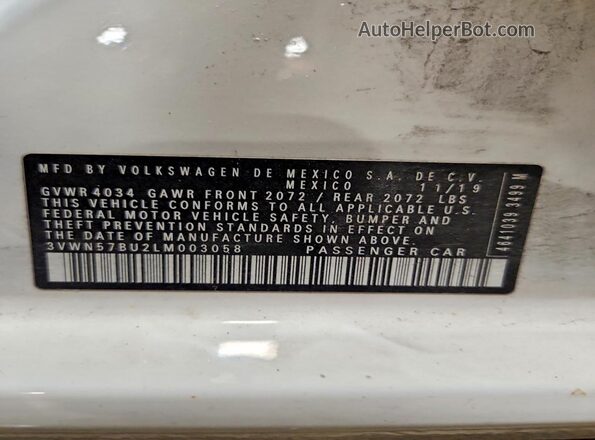 3VWN57BU2LM003058 2020 VOLKSWAGEN JETTA Белый Вид наклейки с VIN-кодом