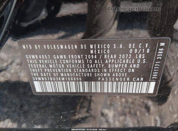 3VWN57BU3KM106696 2019 VOLKSWAGEN JETTA Black Vista del compartimento del motor