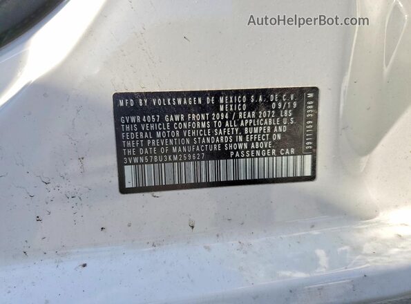3VWN57BU3KM259627 2019 VOLKSWAGEN JETTA White Widok naklejki z numerem VIN